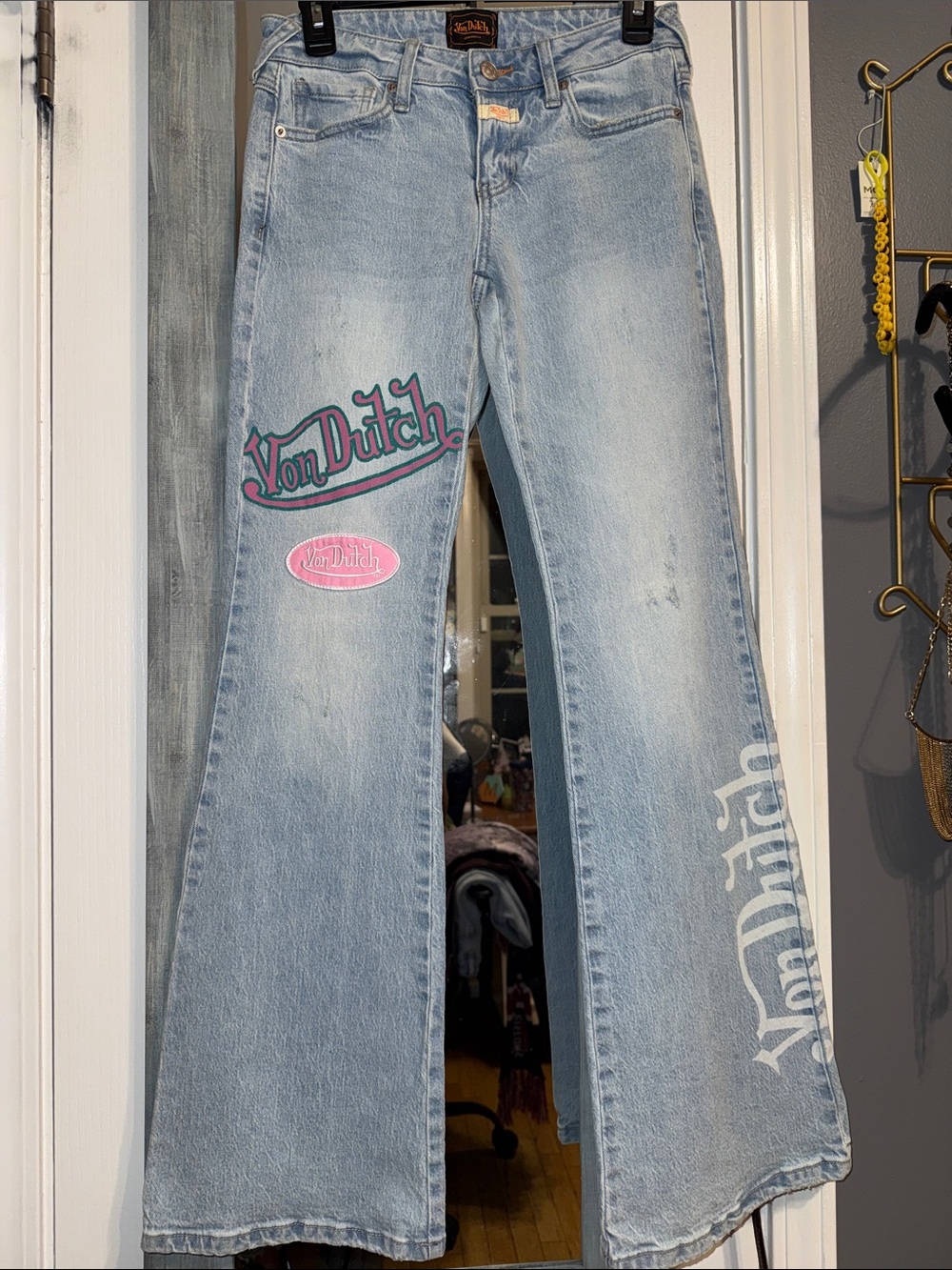 Von Dutch Light Blue Flare Jeans with Pink & White Logo Details